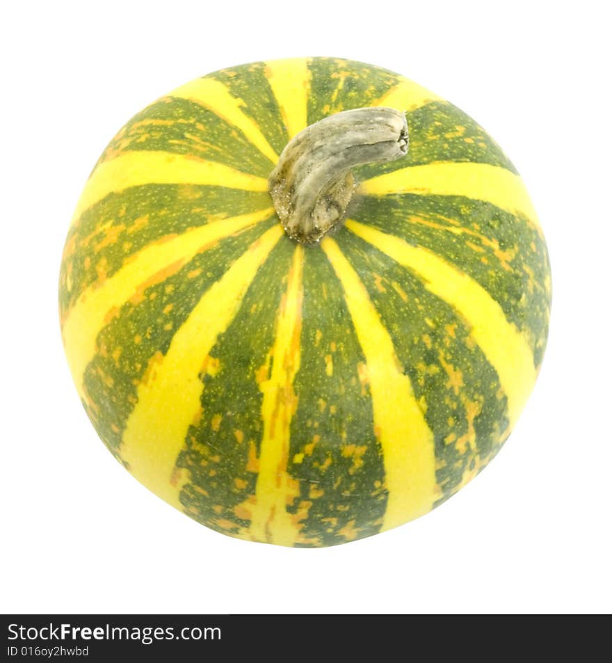 Nice decorative yellow pumpkin with green stripes isolated over white with clipping path