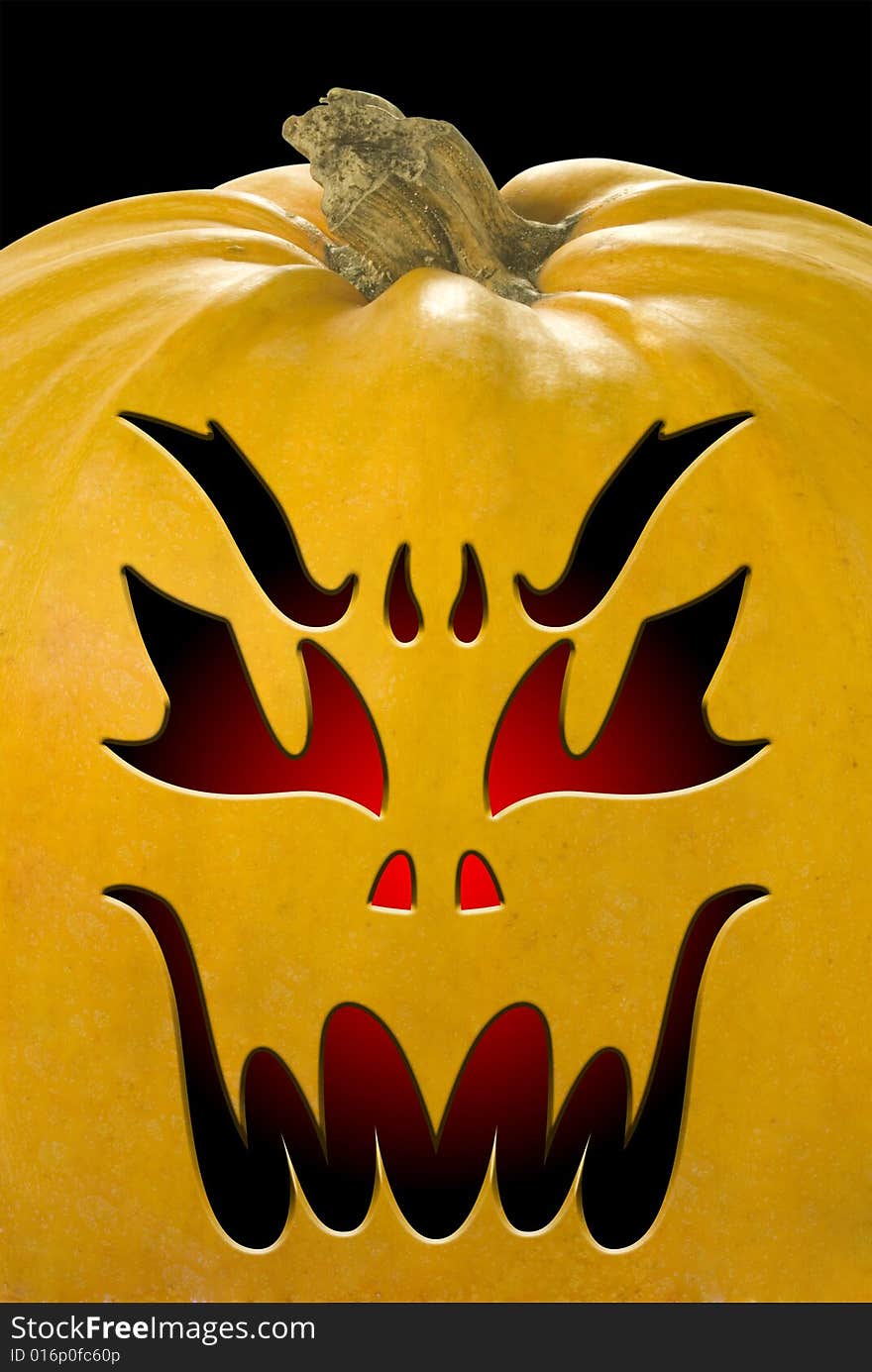 Closeup of grinning Halloween lantern over black.  Illustration