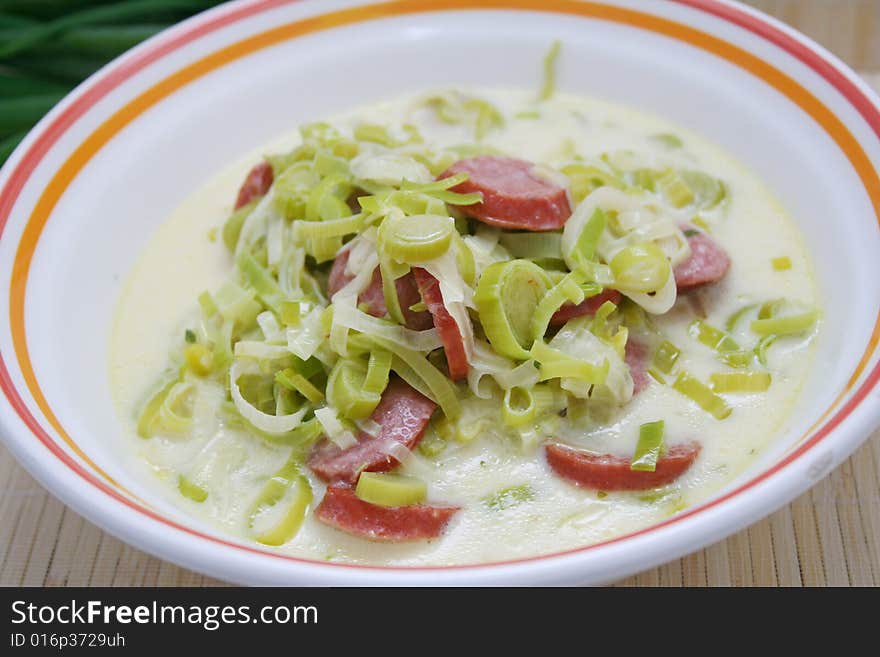 A soup of fresh leak with sausage. A soup of fresh leak with sausage