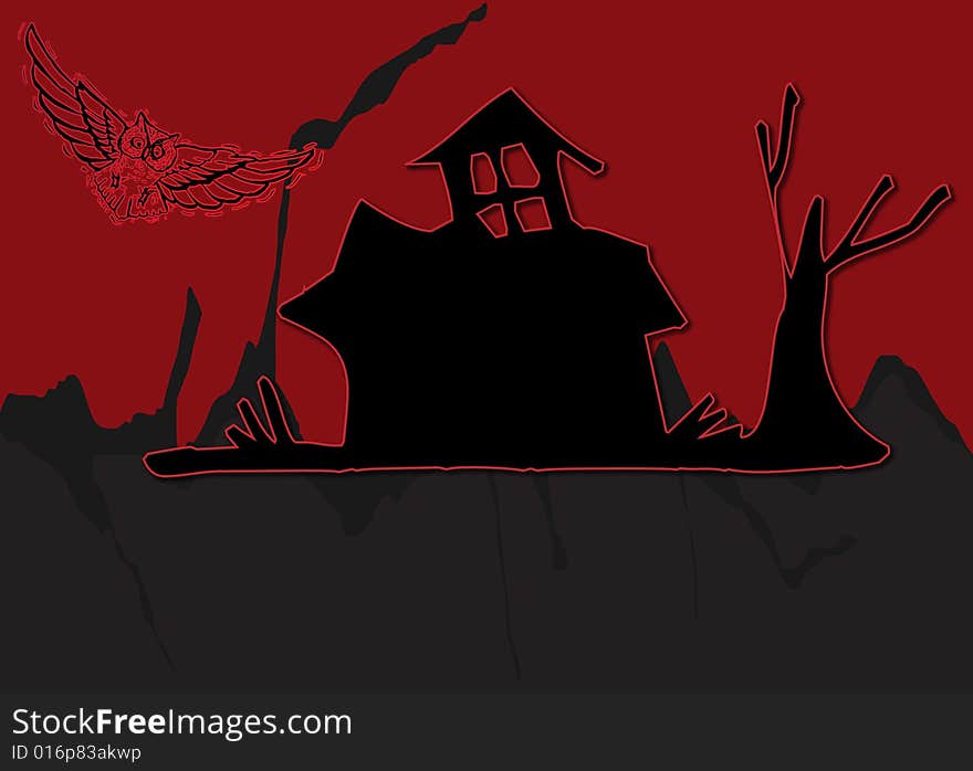 House and owl illustration on red and black background