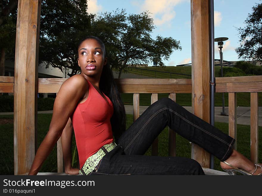 Young female on a gazebo looking over her shoulder. Young female on a gazebo looking over her shoulder.