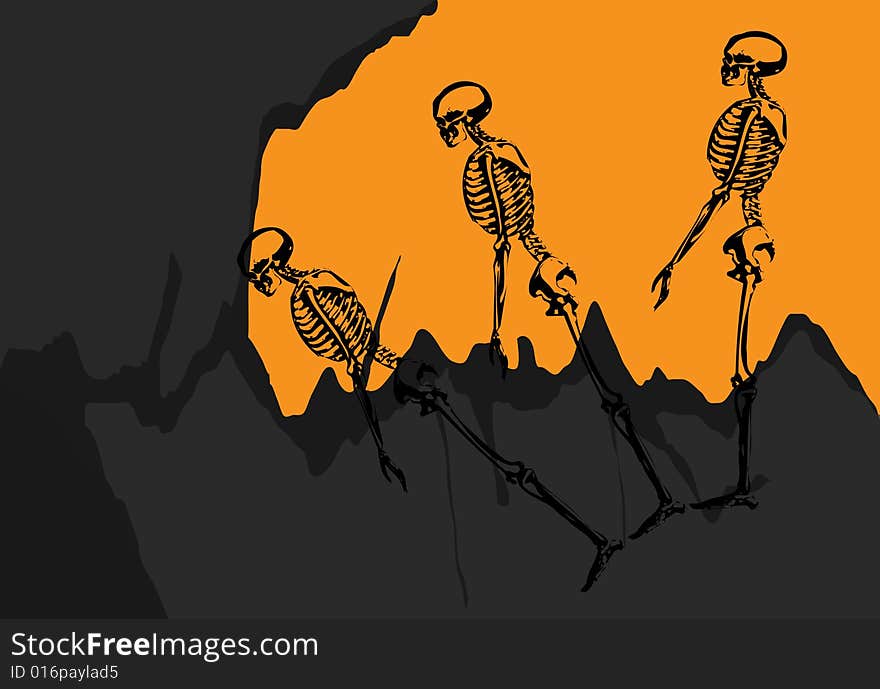 Halloween skeleton illustration on orange yellow gray and black background. Halloween skeleton illustration on orange yellow gray and black background