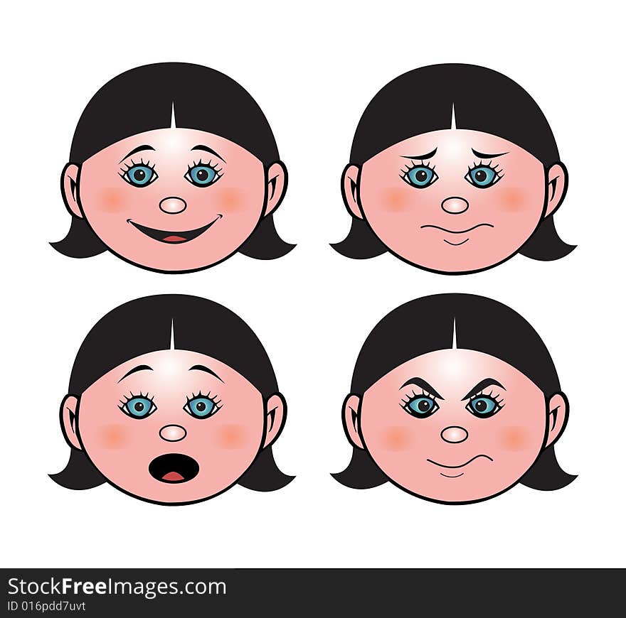 Cartoon illustration of a girl's facial expressions. Cartoon illustration of a girl's facial expressions