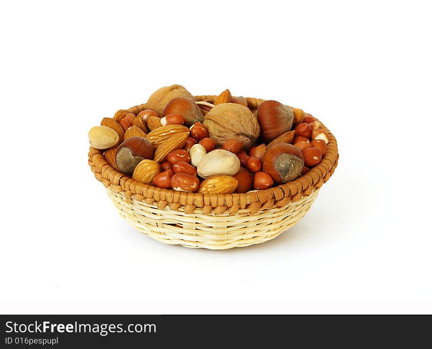 Basket of nuts isolated on white background