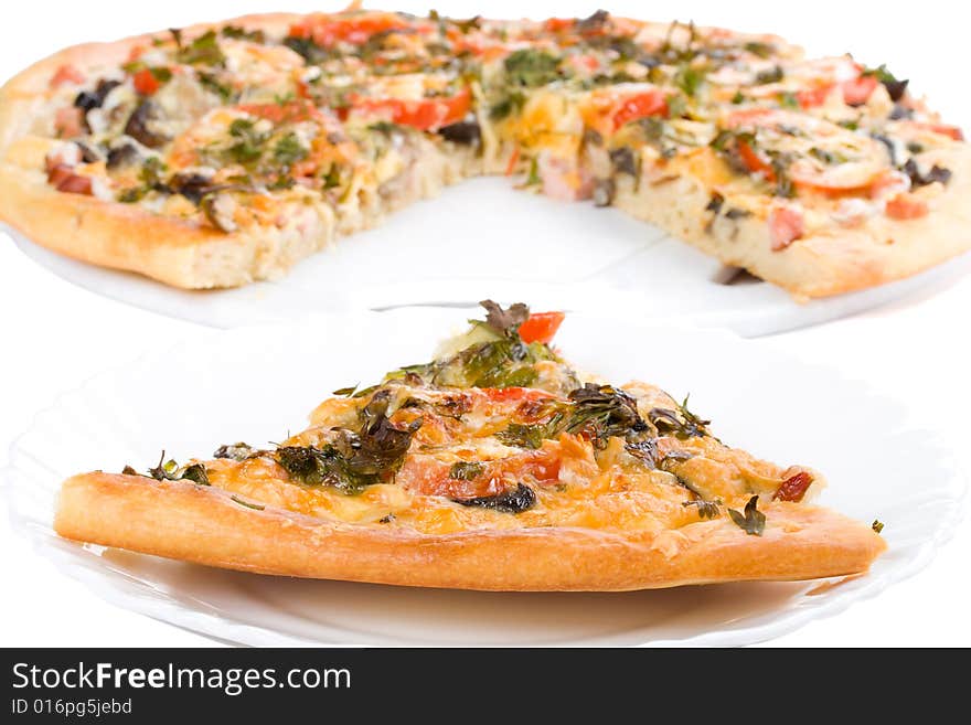 Piece of pizza with forest mushrooms, isolated on white