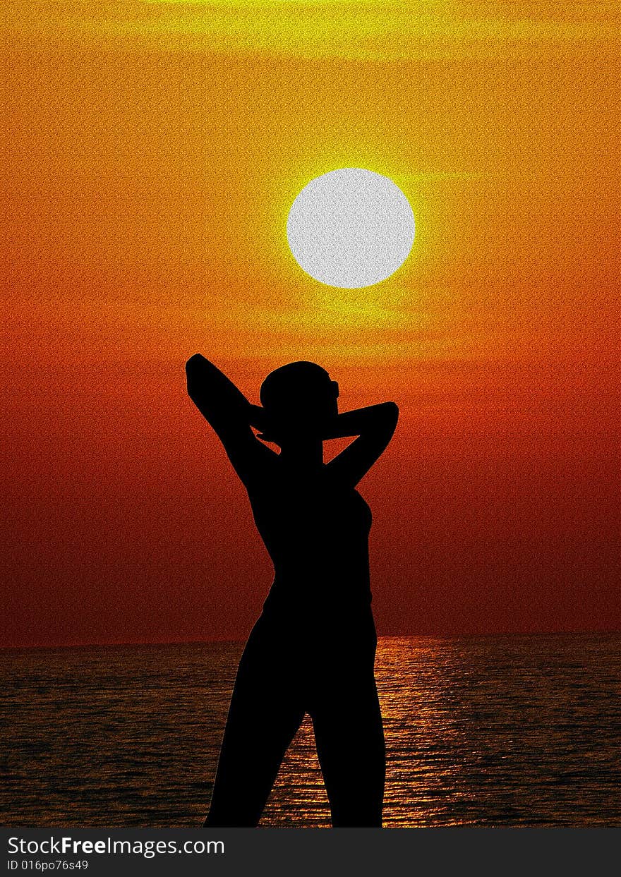 A wonderful illustration with a sunset on th sea and a silhouette of a pretty woman. A wonderful illustration with a sunset on th sea and a silhouette of a pretty woman