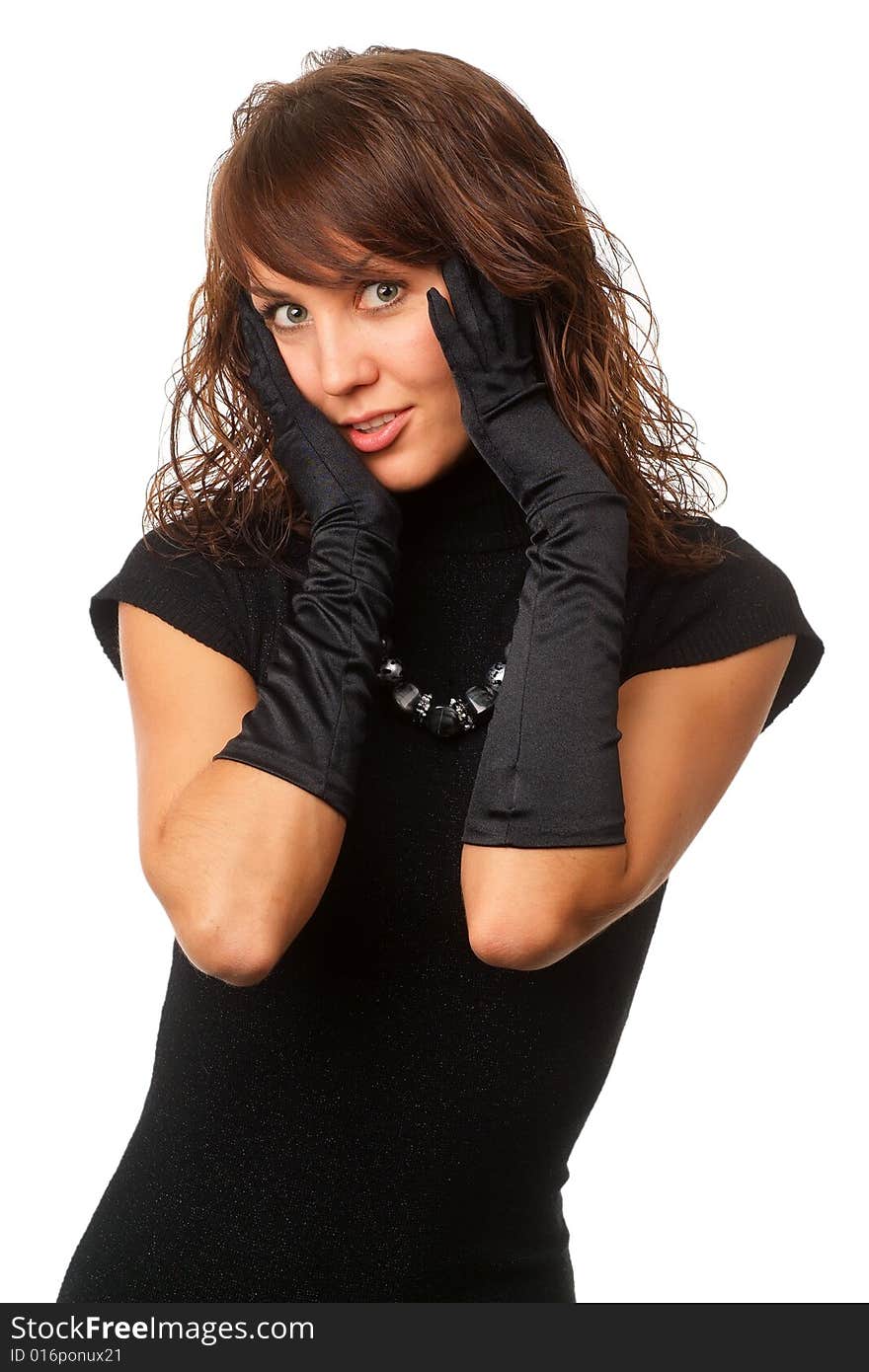 The girl in black clothes on a white background with a hat hat