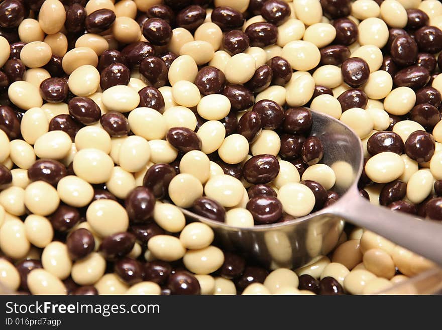 Details of many chocolate candy in close up