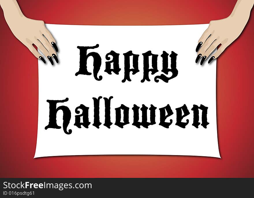 Illustration of female hands holding halloween sign. Illustration of female hands holding halloween sign