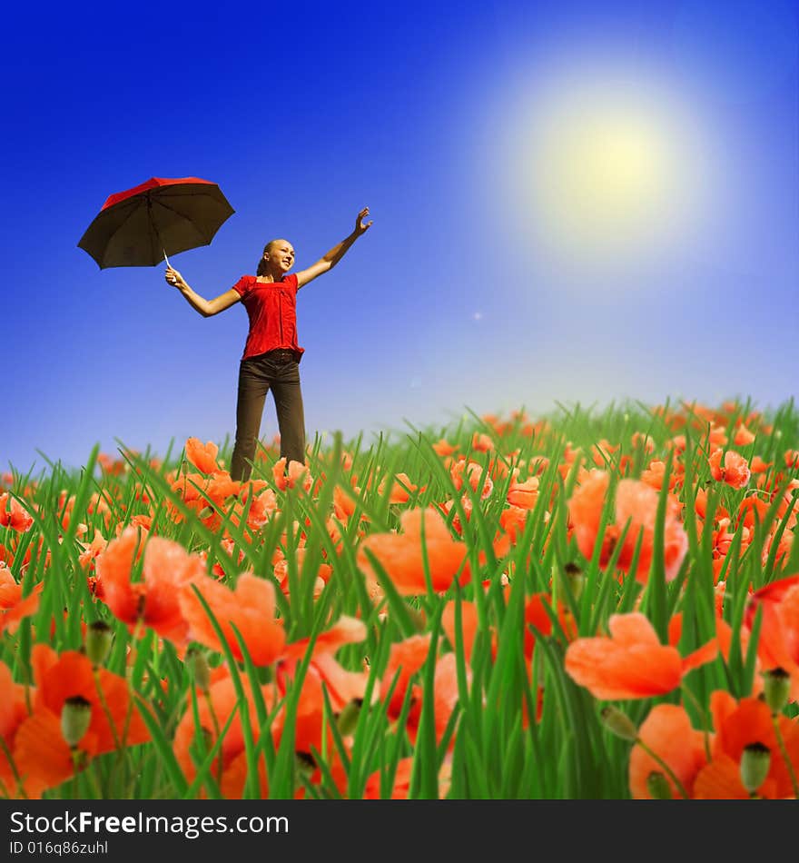 Woman with red umbrella on a meadow. Woman with red umbrella on a meadow