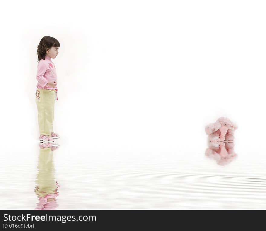 Portrait of a be single little girl and little pink elephant, reflection