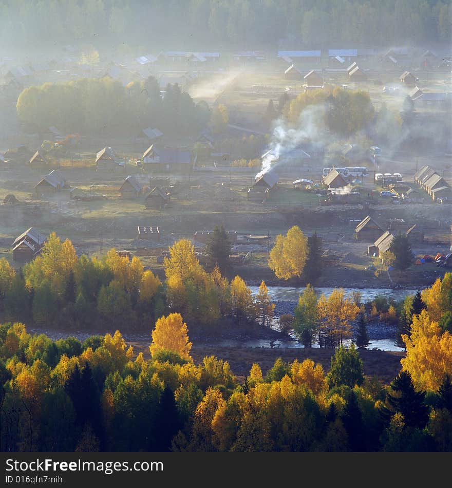 The sun-rising time of an old village. The sun-rising time of an old village.