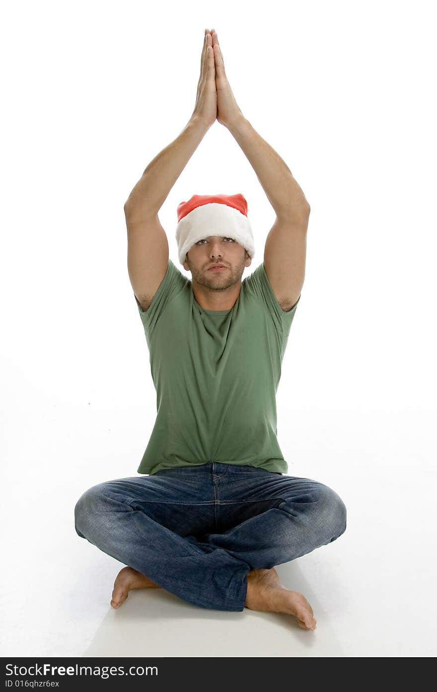 Praying man with santa cap with white background