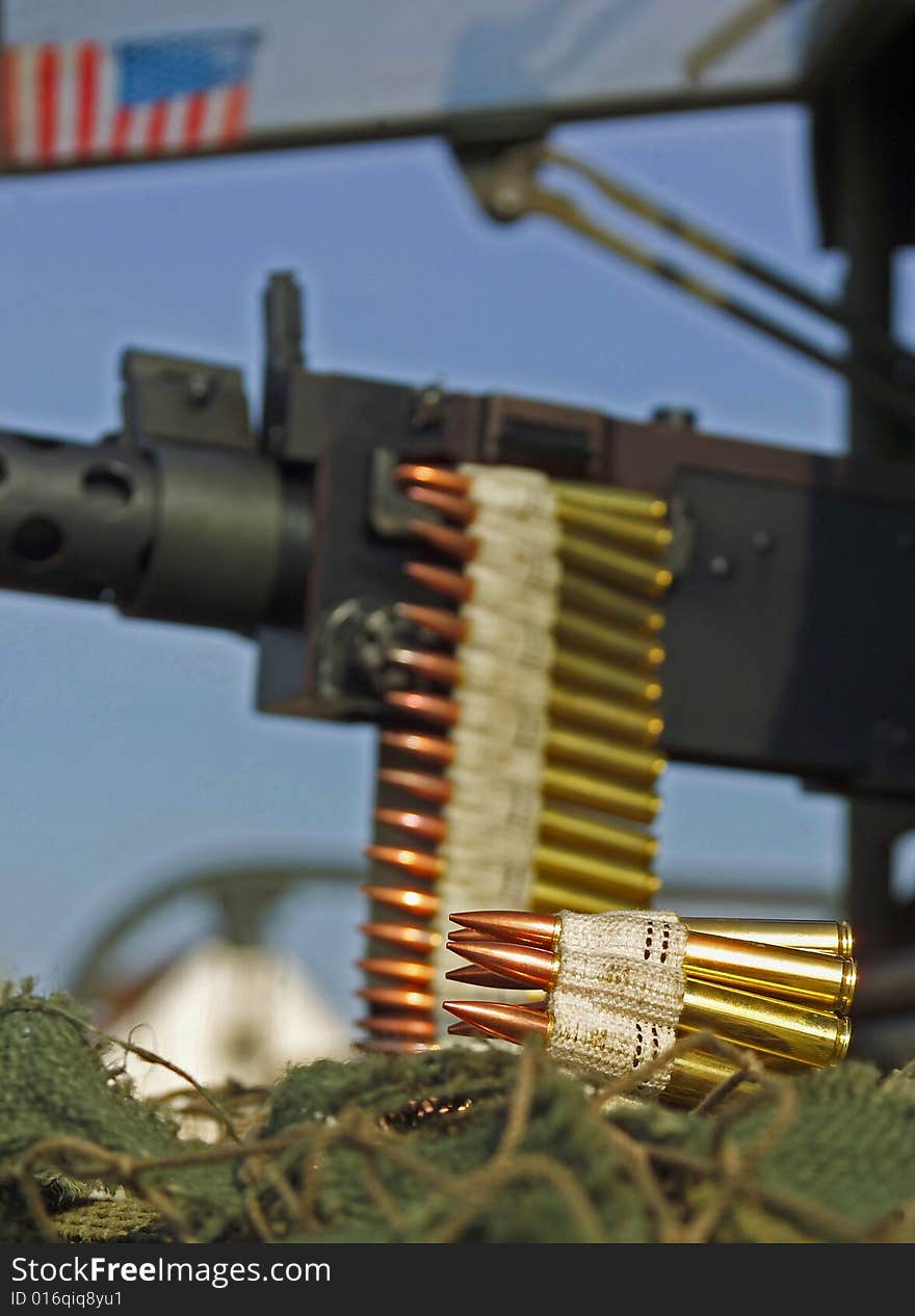 Belts of ammunition mounted on an American Jeep. Belts of ammunition mounted on an American Jeep