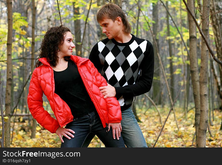 Enamoured  couple  in autumn wood. Enamoured  couple  in autumn wood