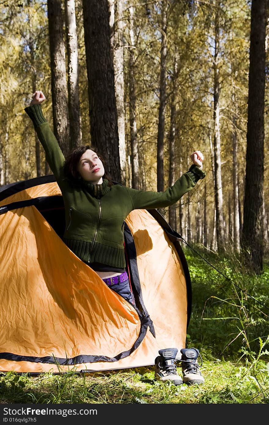 Young mountaineer waking up in the morning. Young mountaineer waking up in the morning