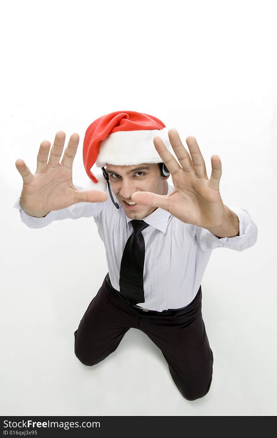 Businessman showing his palms on an isolated white background