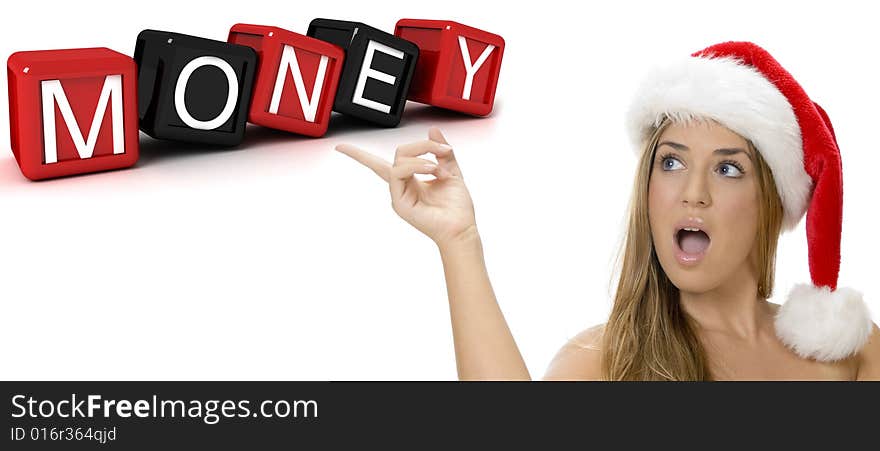 Three dimensional building blocks with money text and sexy woman with Santa hat on an isolated white background