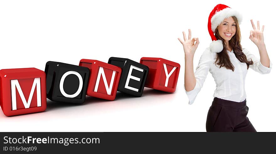 Three dimensional building blocks with money text and women gesture OK on an isolated white background