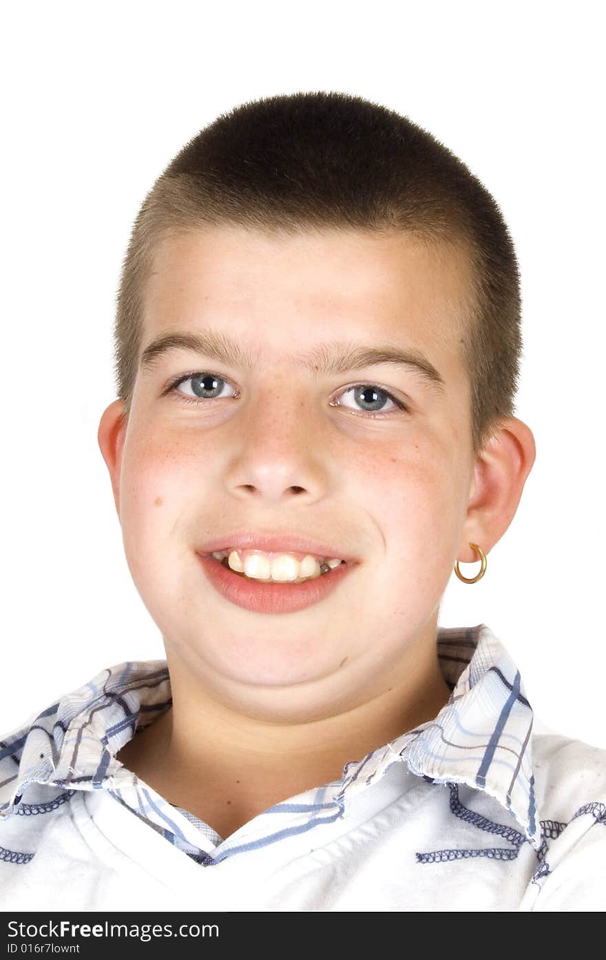 Young boy is happy smiling on white background