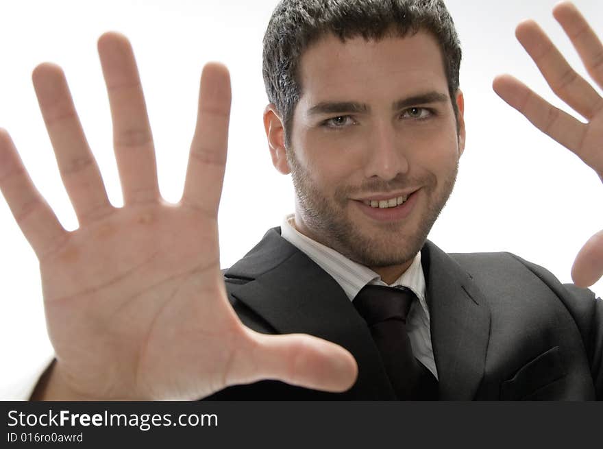 Young man with hand gesture isolated on white background