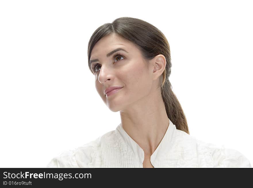 Charming lady looking upside on an isolated background