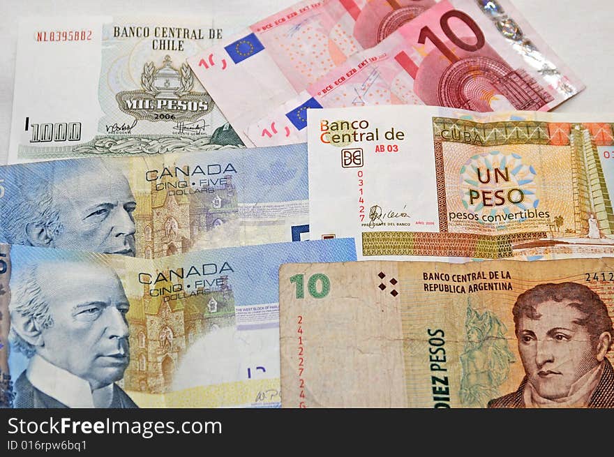 Money notes from cuba argentina, europe, chile and canada