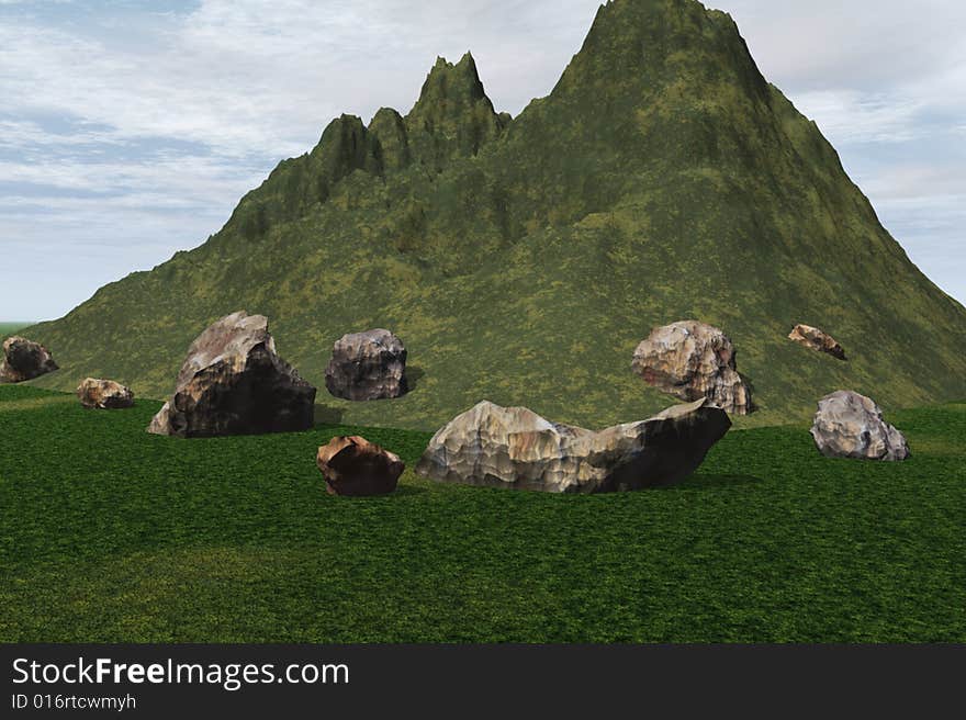 Illustration of a rural mountain and surrounding boulders. Illustration of a rural mountain and surrounding boulders.