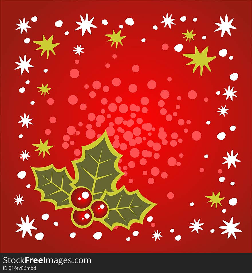 Stylized holly berry and  dots on a red background. Stylized holly berry and  dots on a red background.