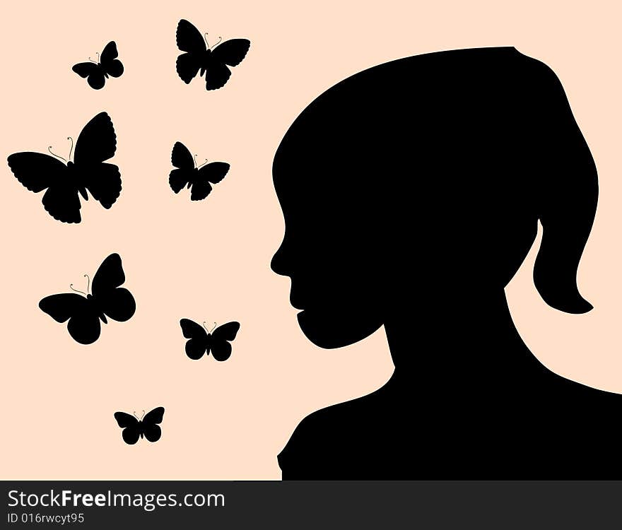 Young girl silhouette surounded by butterflies. Young girl silhouette surounded by butterflies.