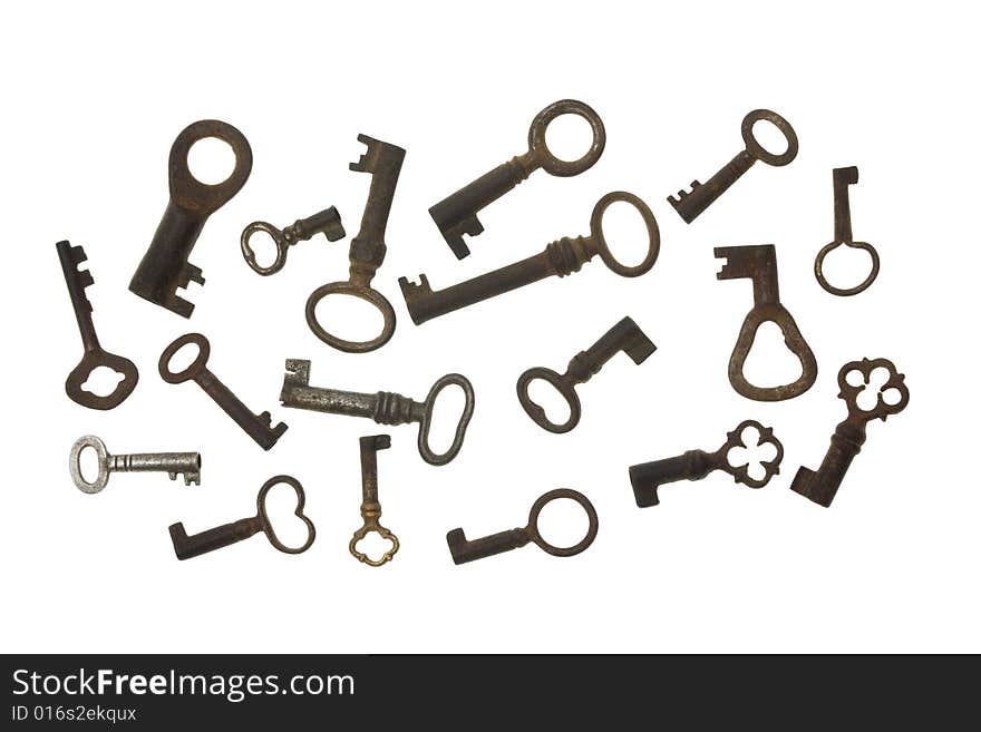 group of old keys isolated on white