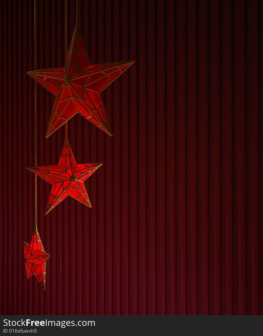 Three red glass stars in a gold fringing. Christmas background.