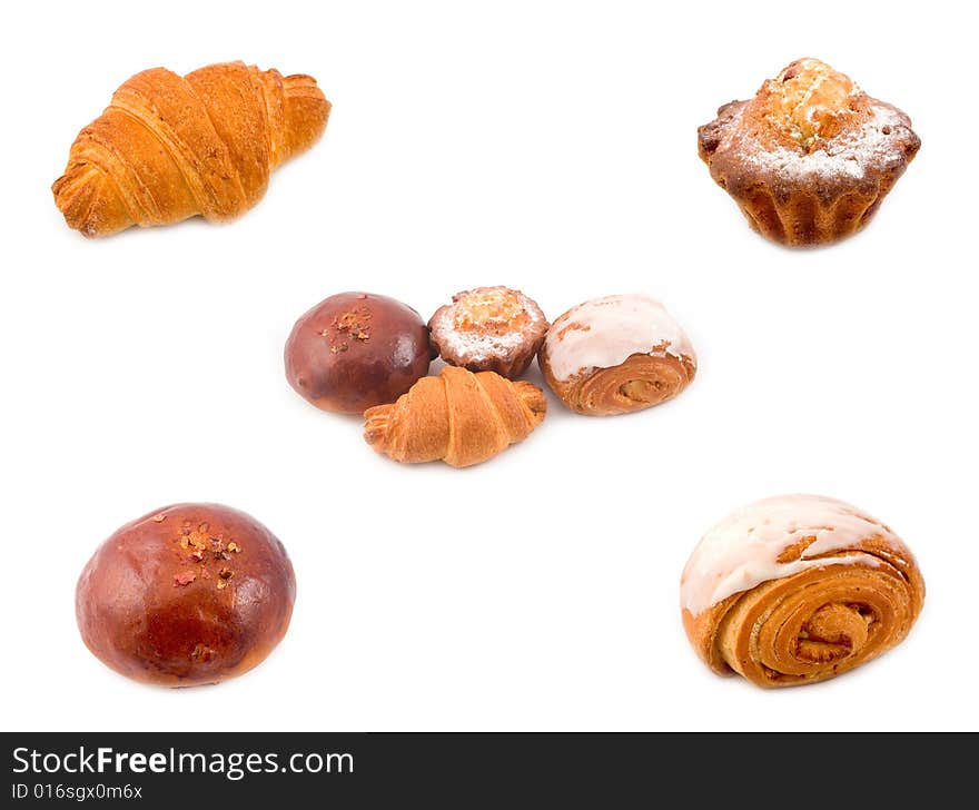 Collage tasty fresh beautiful rolls puff rich barmy dough and biscuit on white background