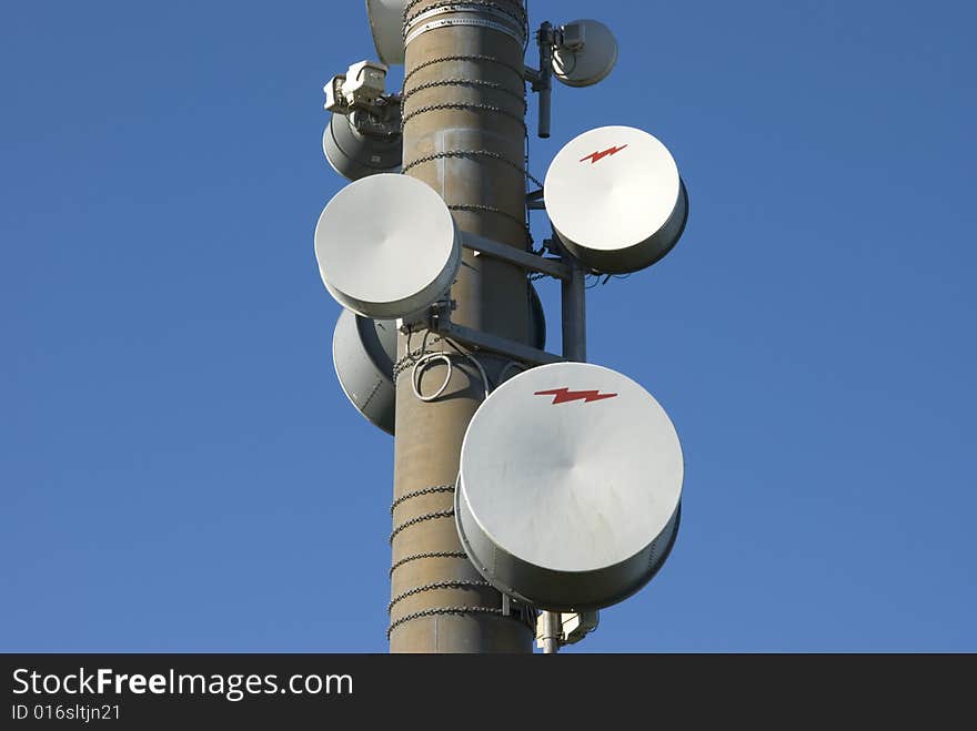 A close up of a communications tower. A close up of a communications tower.