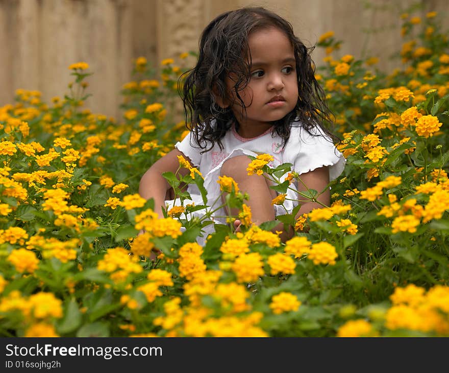 Asian girl in a bed of flowers