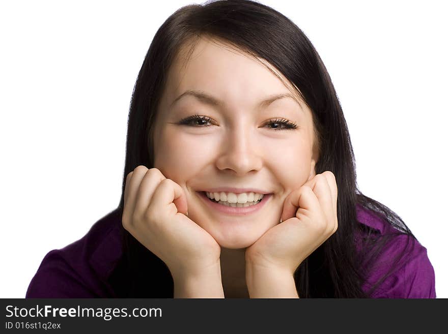 Beautiful woman girl smiling isolated over a white background