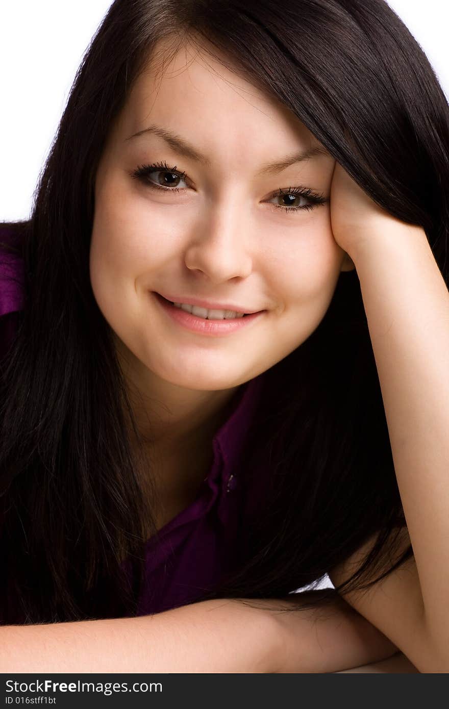 Beautiful woman girl smiling isolated over a white background