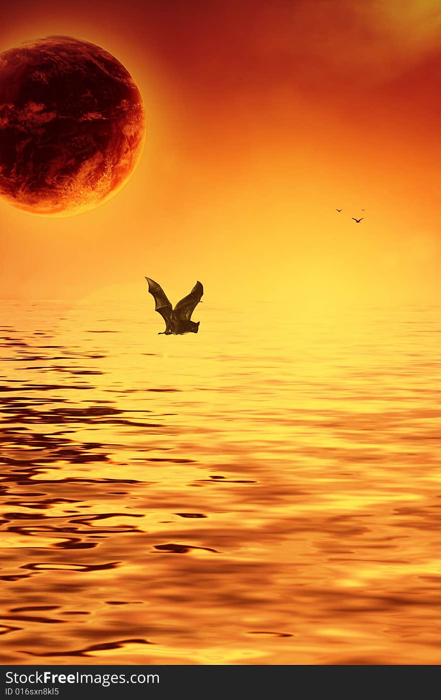 Fantastic scenery, orange sunset, the ocean, flying bats, planet. Fantastic scenery, orange sunset, the ocean, flying bats, planet