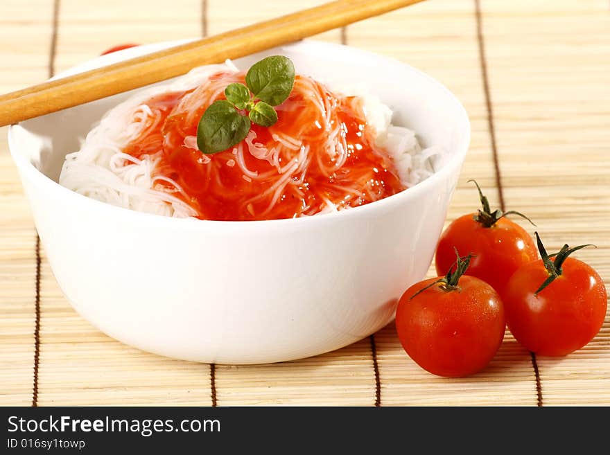 Very tasty rice pasta with tomatoes