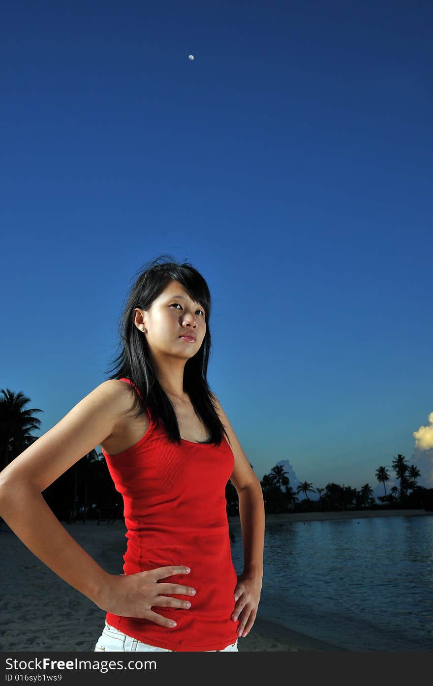 Woman posing at night on the beach. Woman posing at night on the beach.