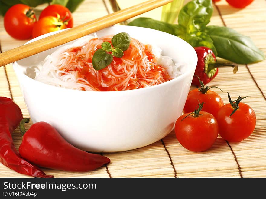 Tasty rice pasta with tomatoes