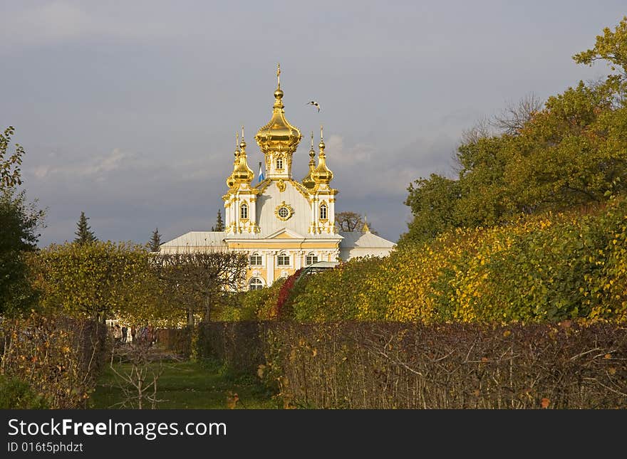 The Grand Palace from Upper Garden in autumn, Peterhof, St. Petersburg, Russia. The Grand Palace from Upper Garden in autumn, Peterhof, St. Petersburg, Russia