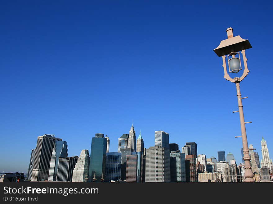 Lower Manhattan skyline as seen from the Brooklyn Bridge.