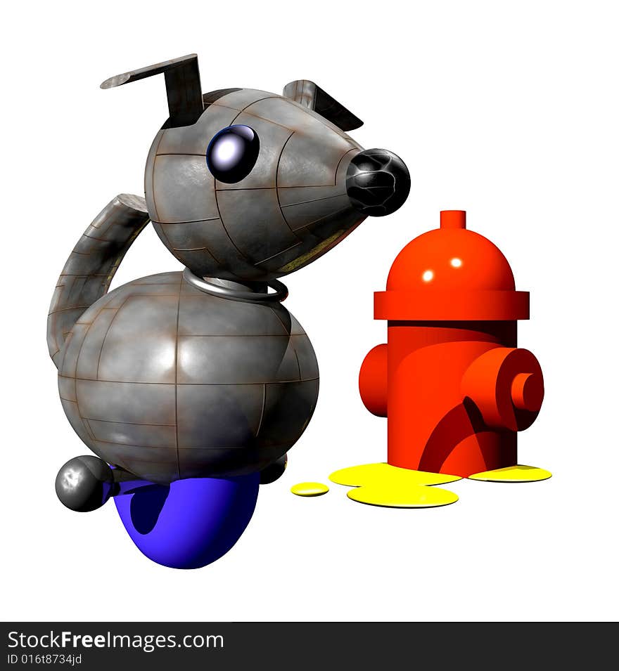 Cute little robot dog peeing on fire hydrant. Cute little robot dog peeing on fire hydrant.