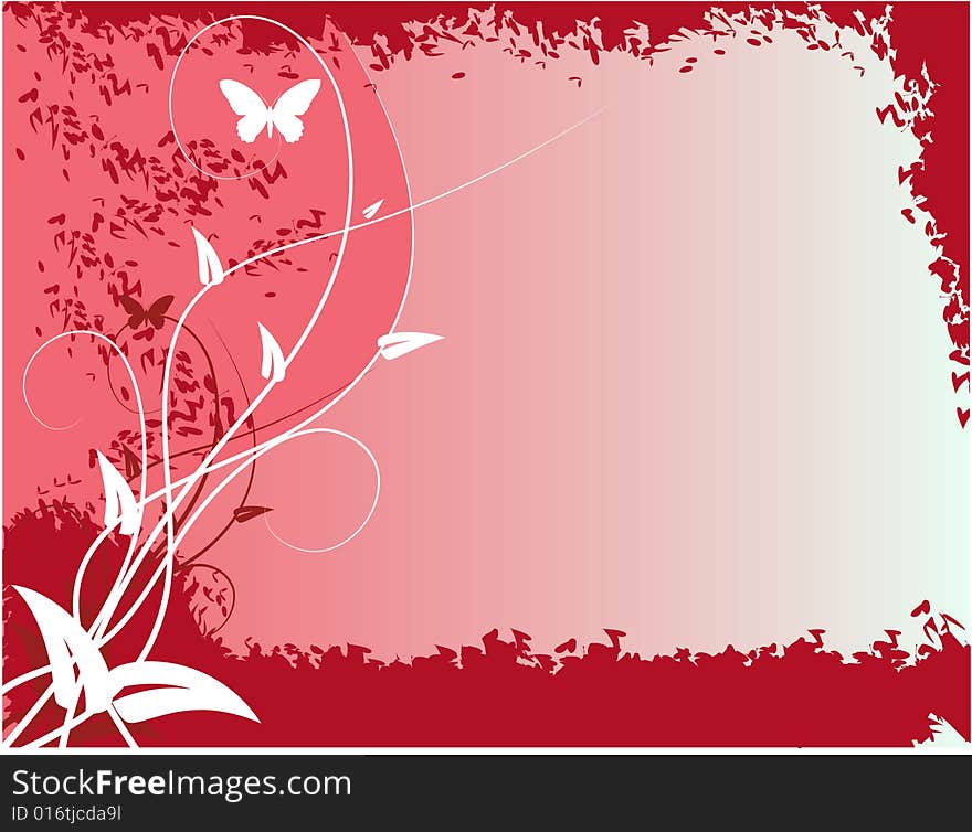 Red abstract background with plants and butterfly.