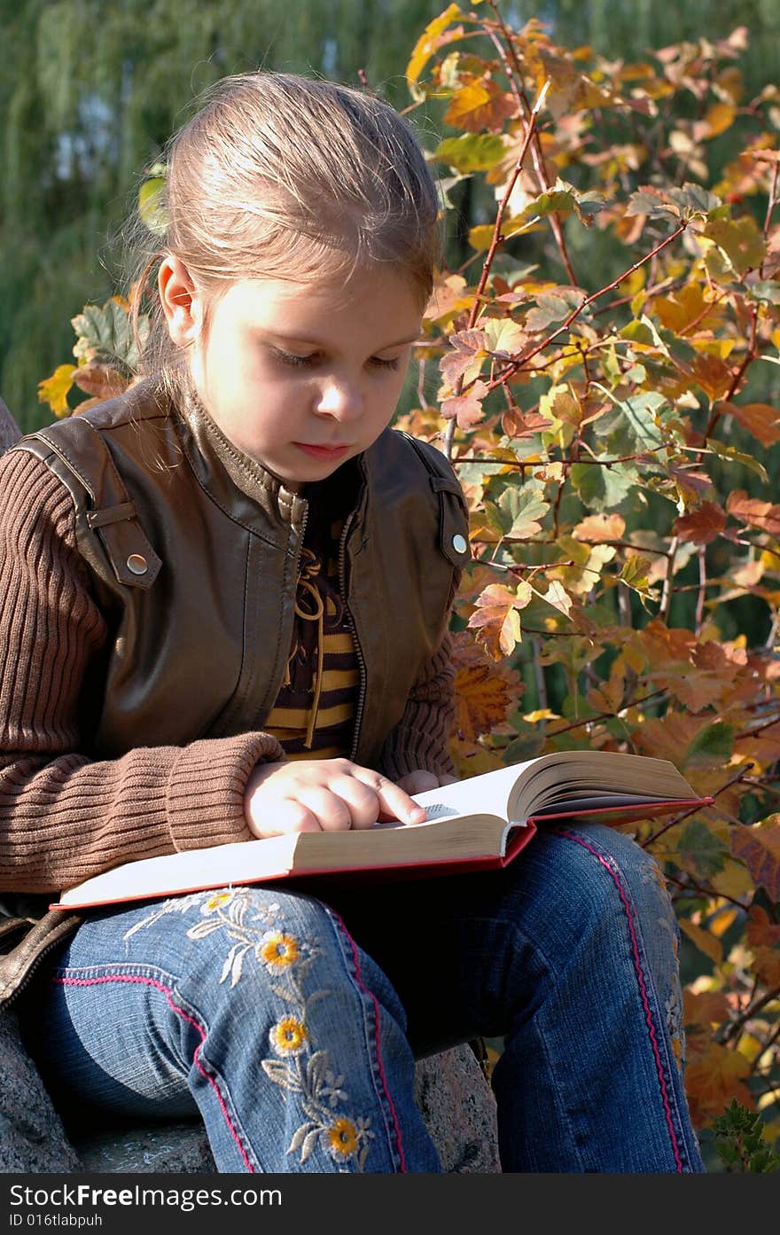 Little girl sitting on the stone and reading a book in the park. Little girl sitting on the stone and reading a book in the park