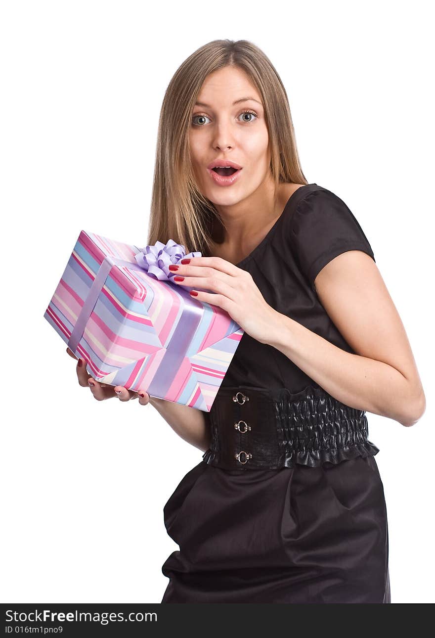 Girl with gift box on white background. Girl with gift box on white background