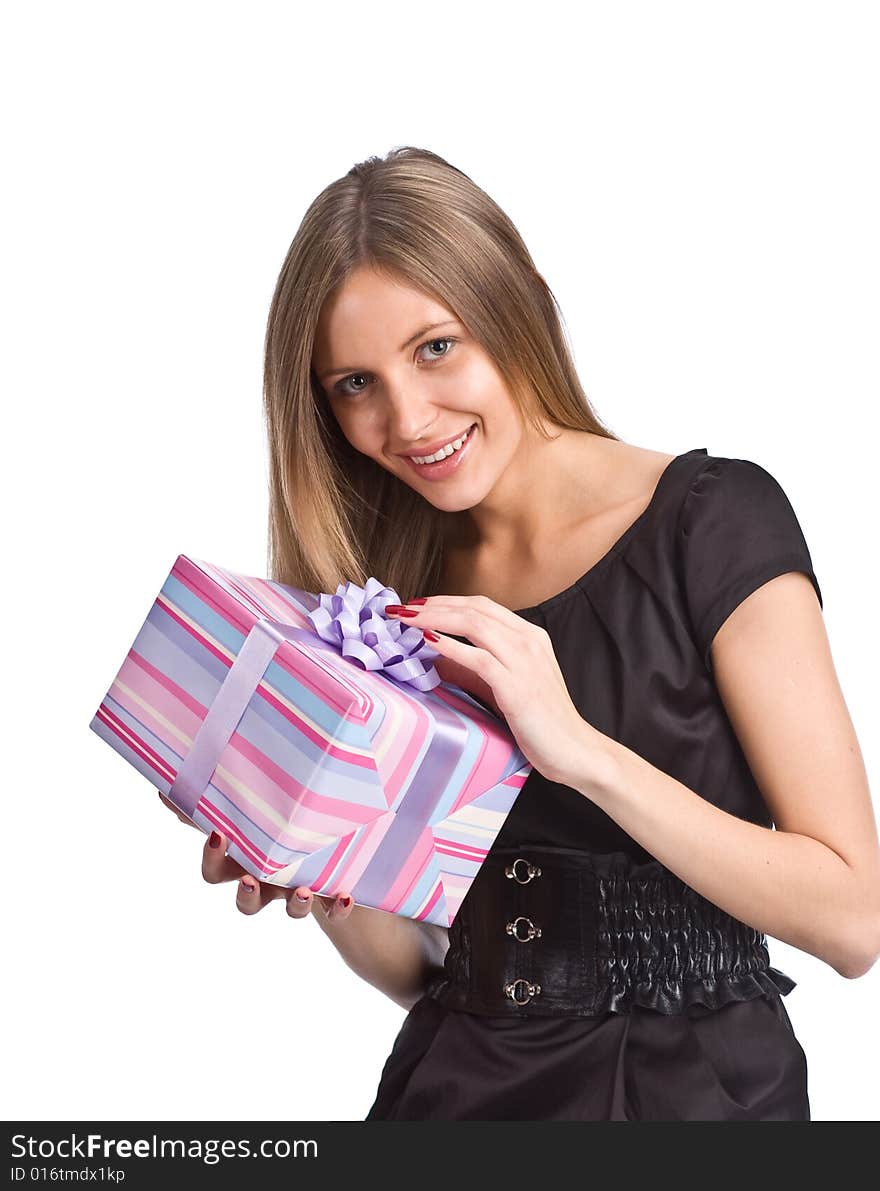 Girl with gift box on white background. Girl with gift box on white background