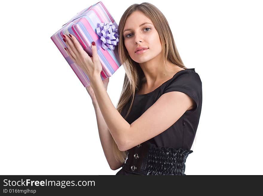 Girl with gift box on white background. Girl with gift box on white background