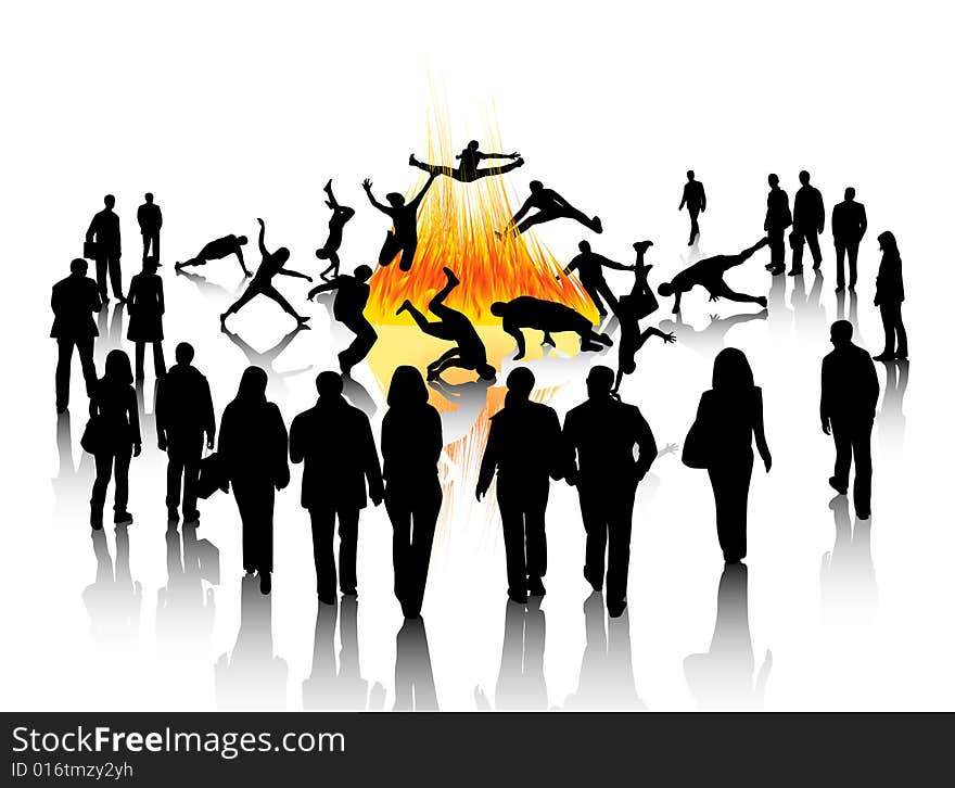 Illustration of people jumping and fire